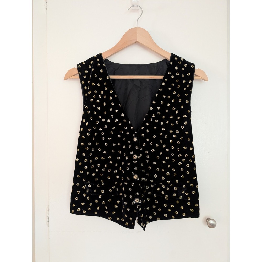 VTG Navy Blue‎ Gold Floral Velvet Vest Boho Grunge Indie Whimsygoth Hippie Folk